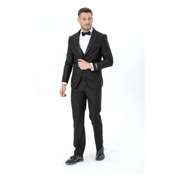 Derman Black Luxury Patterned Collar Tuxedo Tuxedo 3 Piece - Picture 4 of 6